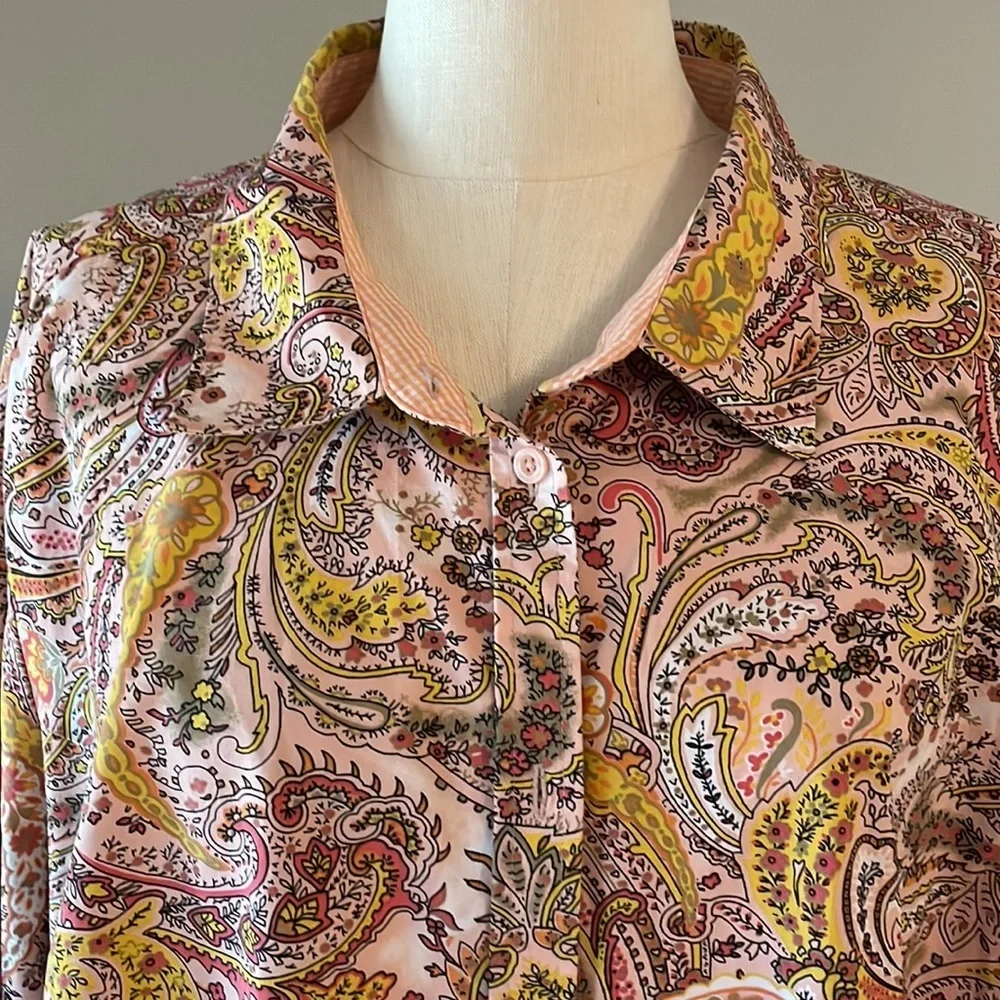 BASIC EDITIONS PLUS women’s paisley button up collared neckline 3/4 sleeve sz 4X